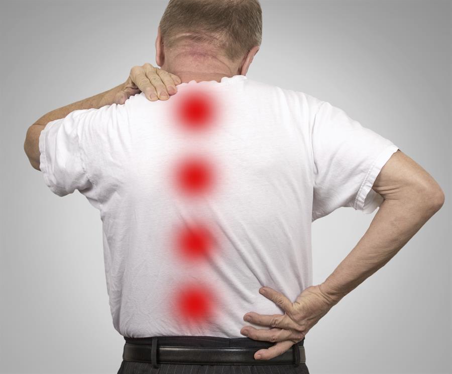 Man's back with red dots indicating pain.