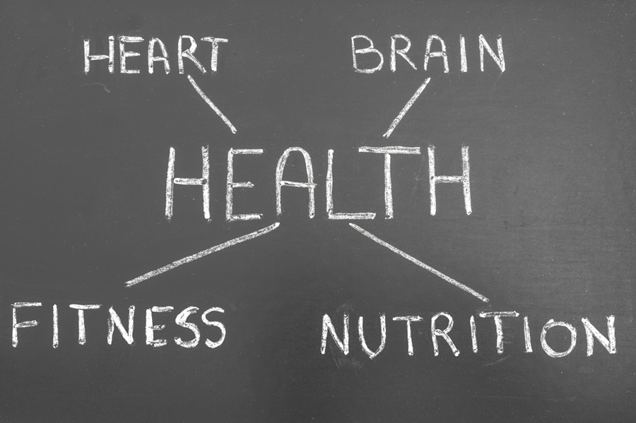 Chalkboard with word health in the centre and words heart, brain, fitness and nutrition surrounding.