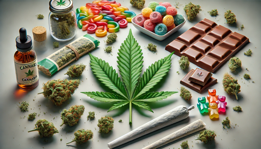 Cannabis products including gummies, chocolates, oils, and cigarettes