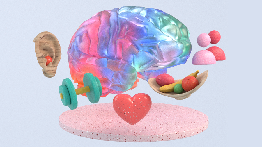 3-D image of healthy brain surrounded by symbols of lifestyle factors