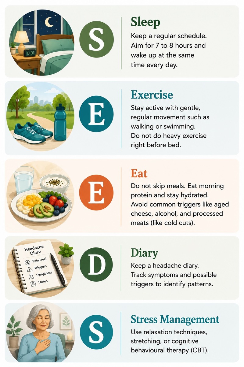 Infographic illustrating the SEEDS approach to migraine prevention: Sleep, Exercise, Eat, Diary, and Stress Management, with practical lifestyle strategies to help reduce migraine frequency.